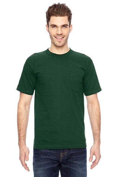 Bayside BA7100 Mens USA Made Short Sleeve Crewneck T-Shirt w/ Pocket Forest Green Model Front