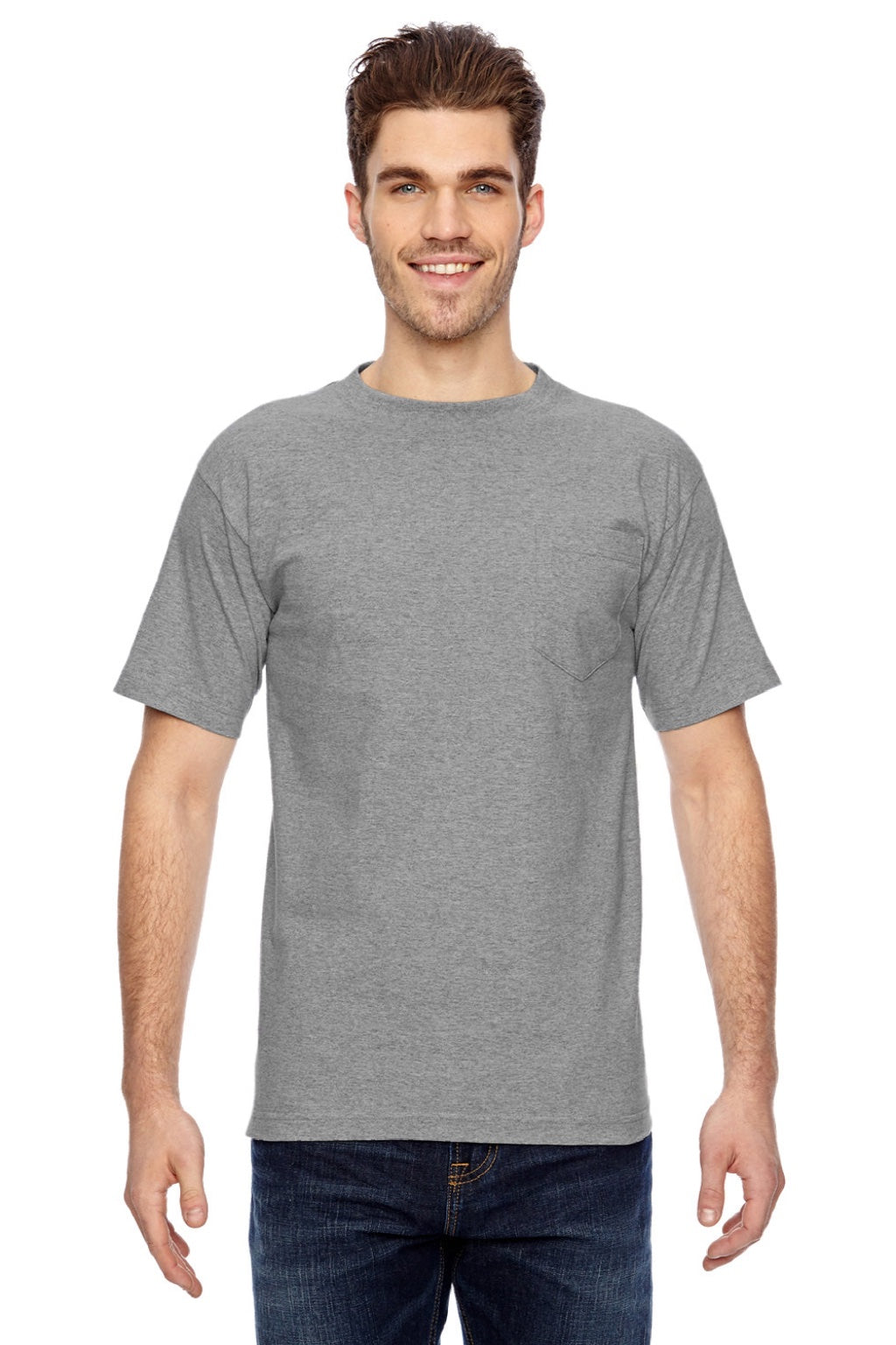 Bayside 7100 Mens USA Made Short Sleeve Crewneck T-Shirt w/ Pocket Dark Ash Grey Model Front