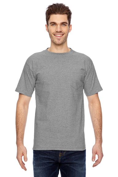 Bayside 7100 Mens USA Made Short Sleeve Crewneck T-Shirt w/ Pocket Dark Ash Grey Model Front