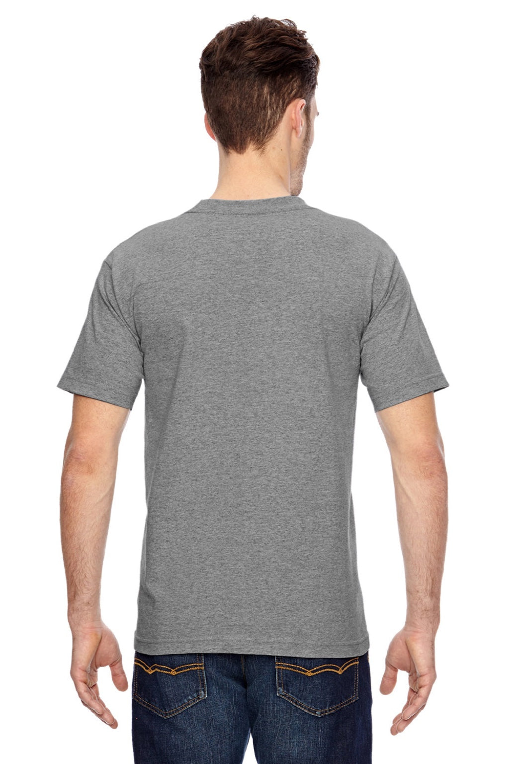 Bayside 7100 Mens USA Made Short Sleeve Crewneck T-Shirt w/ Pocket Dark Ash Grey Model Back