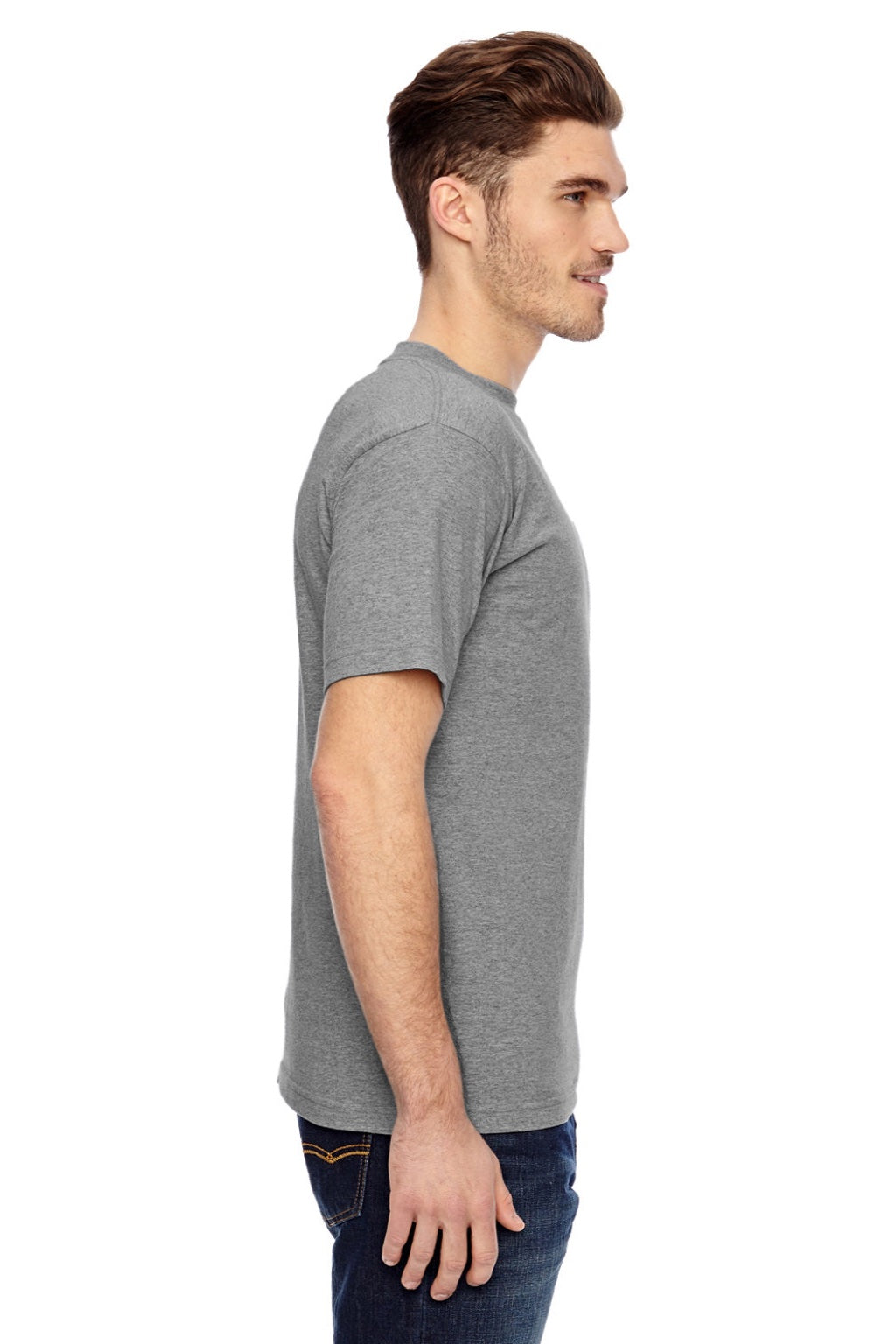 Bayside 7100 Mens USA Made Short Sleeve Crewneck T-Shirt w/ Pocket Dark Ash Grey Model Side