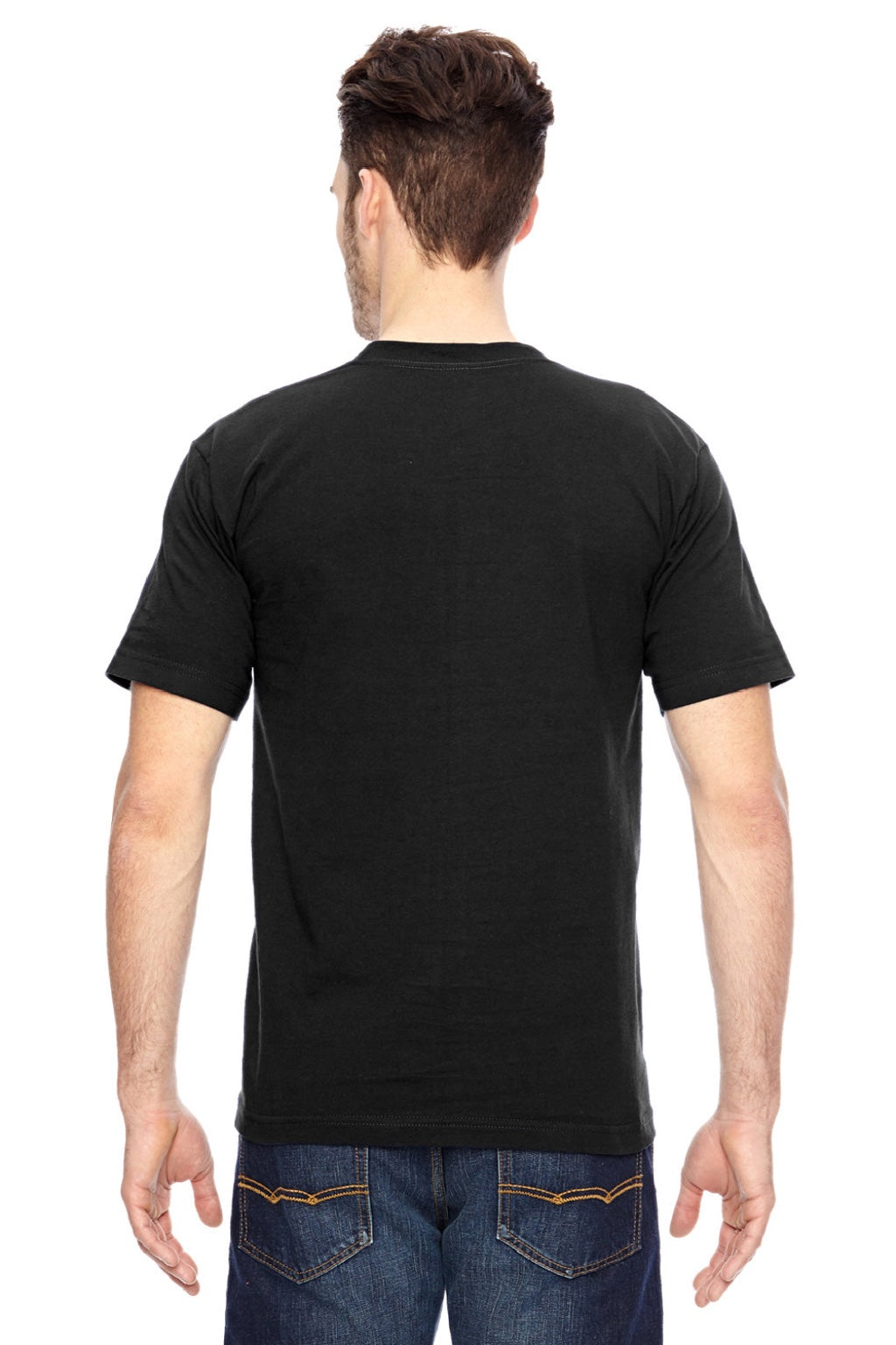 Bayside 7100 Mens USA Made Short Sleeve Crewneck T-Shirt w/ Pocket Black Model Back
