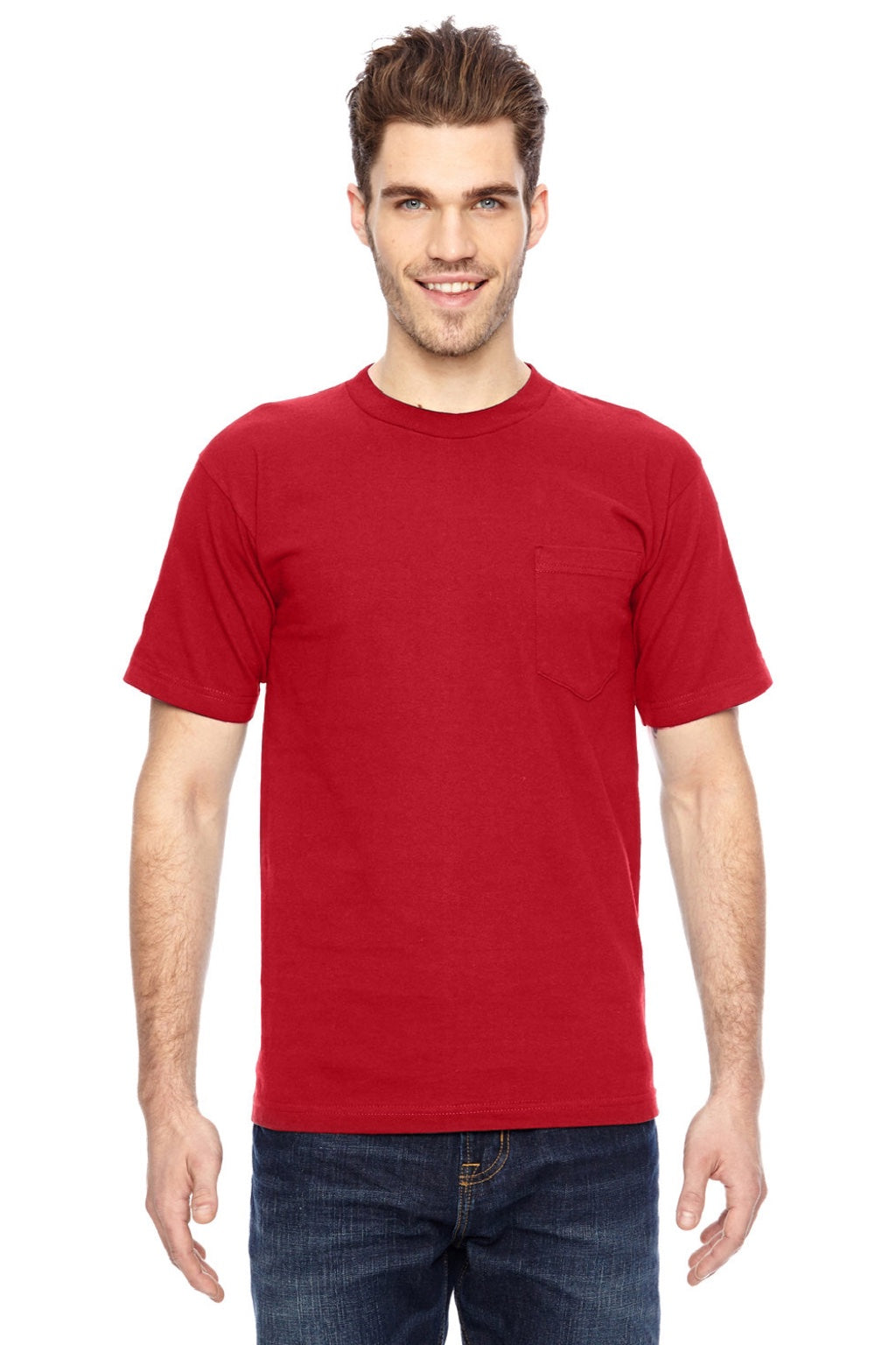 Bayside 7100 Mens USA Made Short Sleeve Crewneck T-Shirt w/ Pocket Red Model Front