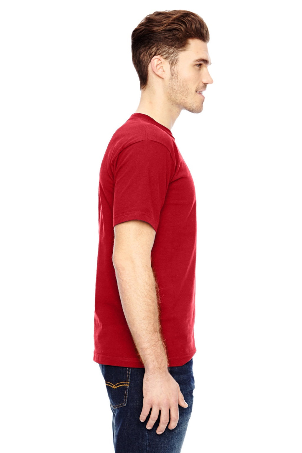 Bayside 7100 Mens USA Made Short Sleeve Crewneck T-Shirt w/ Pocket Red Model Side
