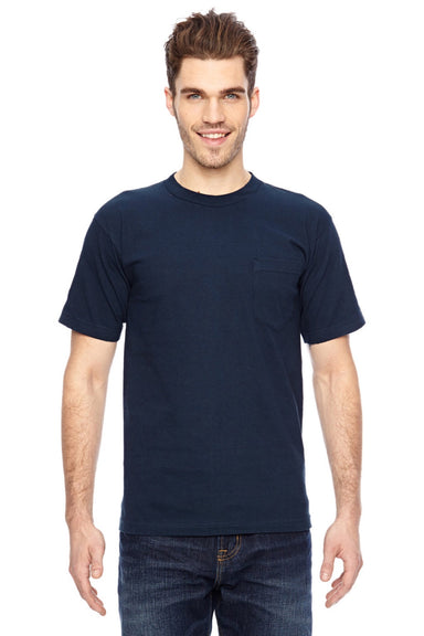 Bayside 7100 Mens USA Made Short Sleeve Crewneck T-Shirt w/ Pocket Navy Blue Model Front