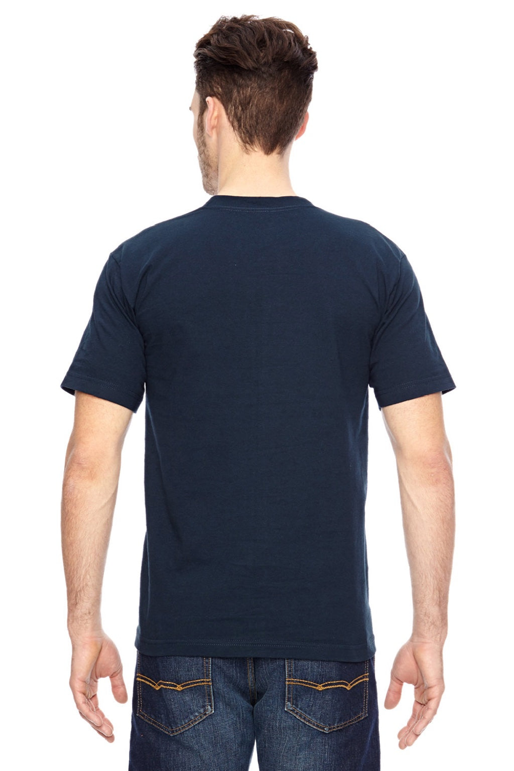 Bayside 7100 Mens USA Made Short Sleeve Crewneck T-Shirt w/ Pocket Navy Blue Model Back