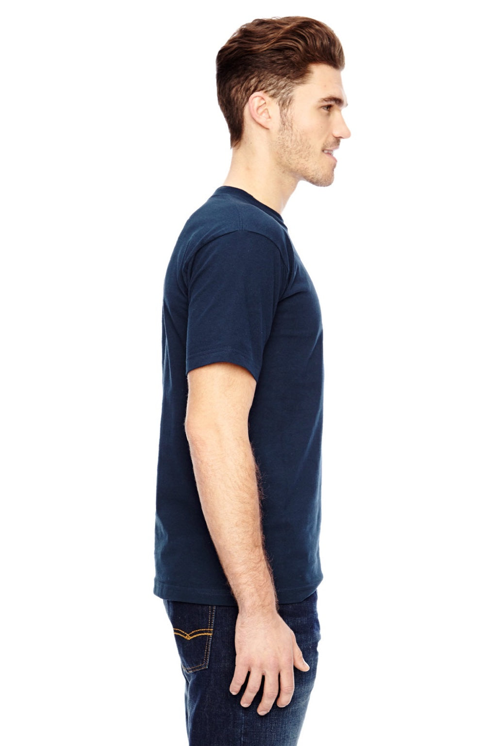 Bayside 7100 Mens USA Made Short Sleeve Crewneck T-Shirt w/ Pocket Navy Blue Model Side
