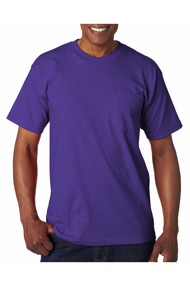 Bayside BA7100 Mens USA Made Short Sleeve Crewneck T-Shirt w/ Pocket Purple Model Front