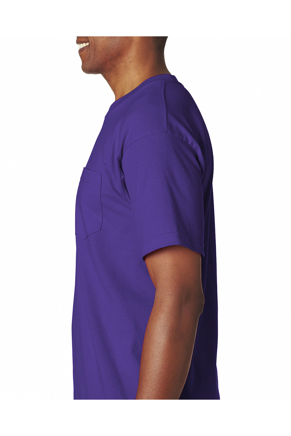 Bayside BA7100 Mens USA Made Short Sleeve Crewneck T-Shirt w/ Pocket Purple Model Side