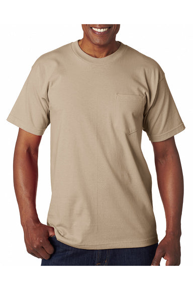 Bayside BA7100 Mens USA Made Short Sleeve Crewneck T-Shirt w/ Pocket Sand Model Front