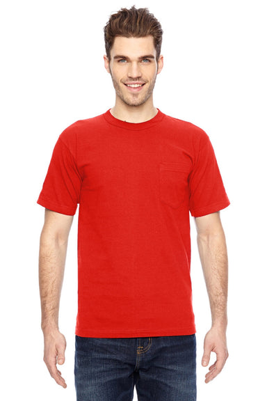 Bayside 7100 Mens USA Made Short Sleeve Crewneck T-Shirt w/ Pocket Bright Orange Model Front