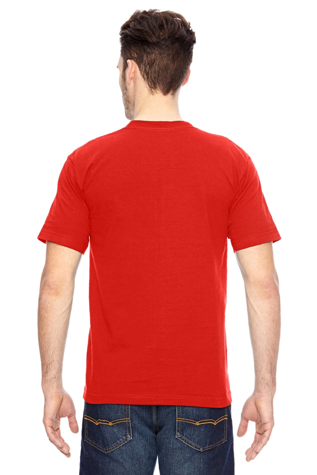 Bayside 7100 Mens USA Made Short Sleeve Crewneck T-Shirt w/ Pocket Bright Orange Model Back