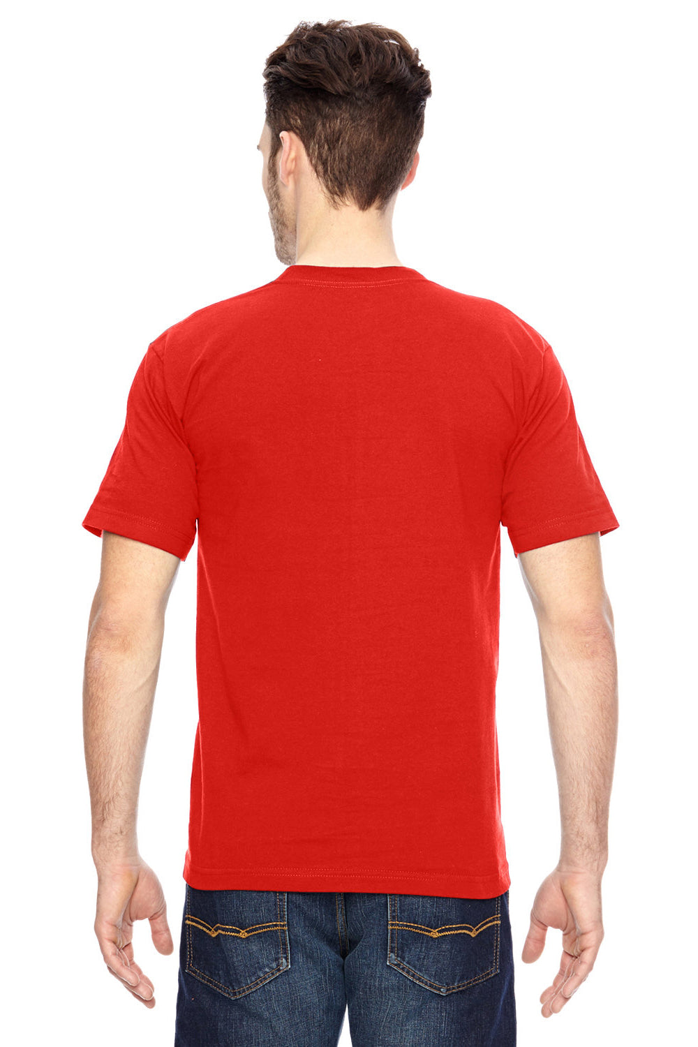 Bayside BA7100 Mens USA Made Short Sleeve Crewneck T-Shirt w/ Pocket Bright Orange Model Side