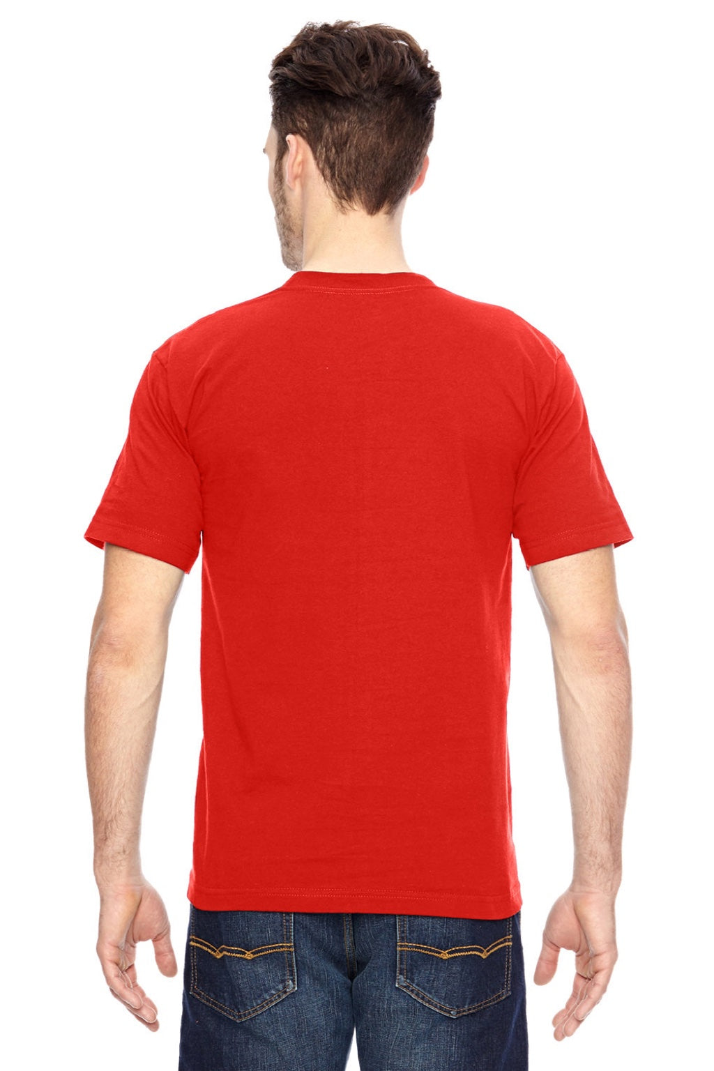 Bayside 7100 Mens USA Made Short Sleeve Crewneck T-Shirt w/ Pocket Bright Orange Model Side