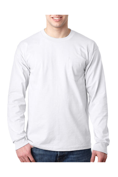 Bayside BA8100 Mens USA Made Long Sleeve Crewneck T-Shirt w/ Pocket White Model Front