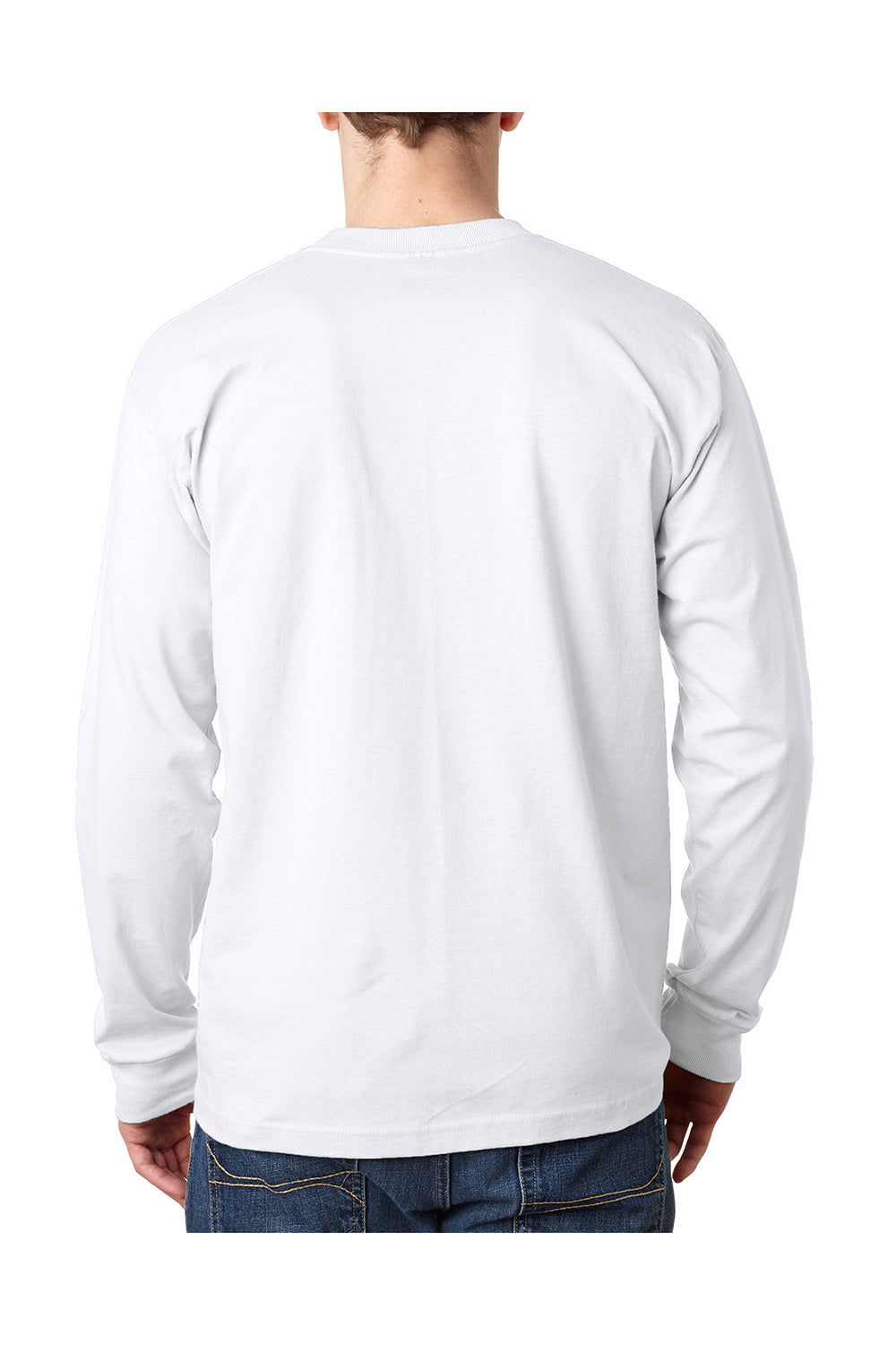 Bayside BA8100 Mens USA Made Long Sleeve Crewneck T-Shirt w/ Pocket White Model Back