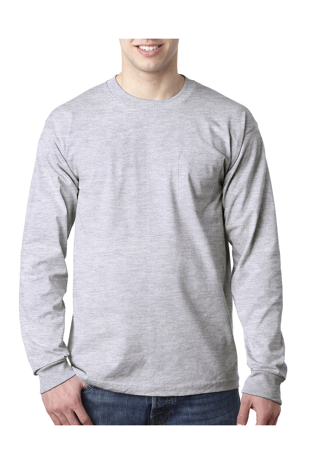 Bayside BA8100 Mens USA Made Long Sleeve Crewneck T-Shirt w/ Pocket Ash Grey Model Front