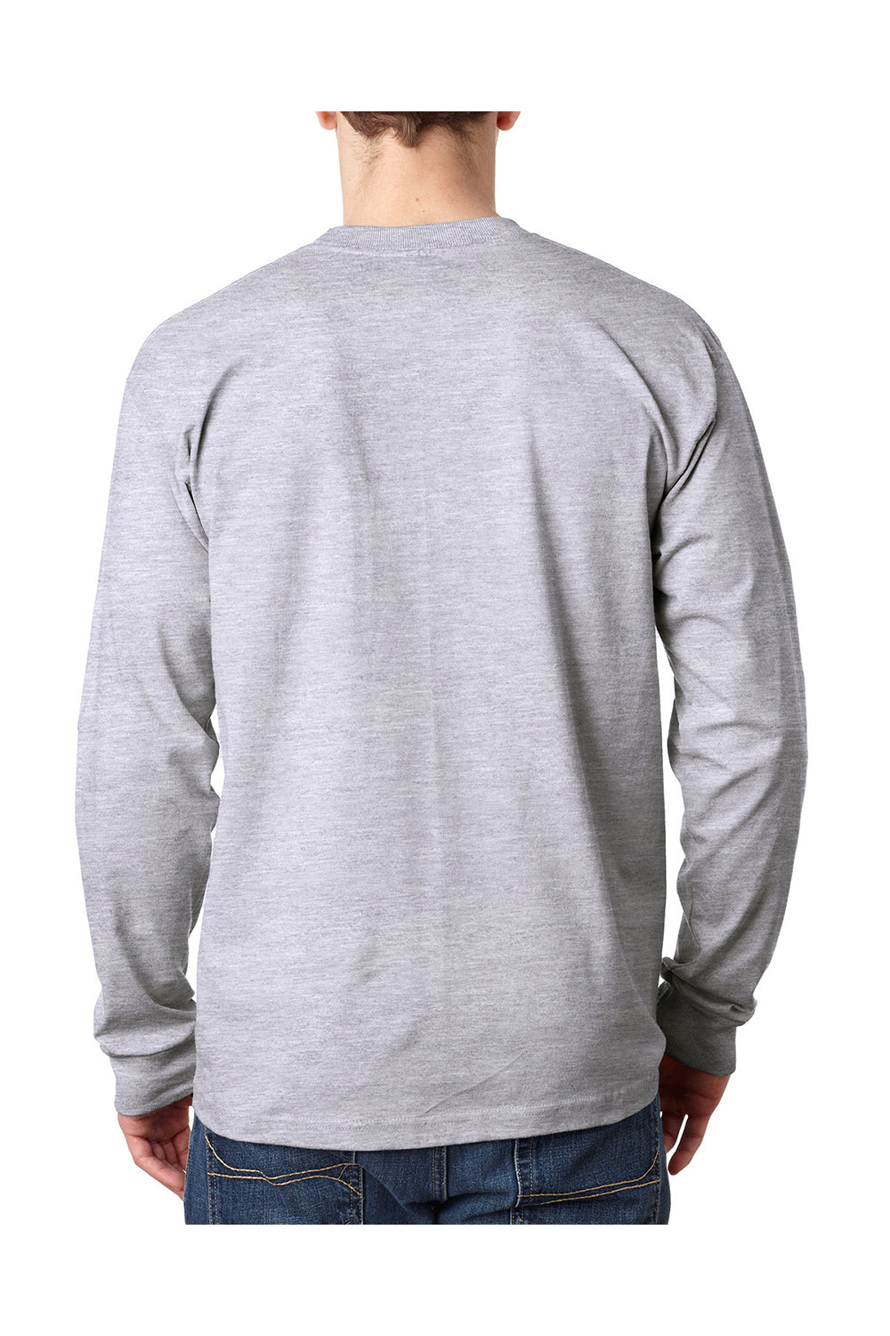 Bayside BA8100 Mens USA Made Long Sleeve Crewneck T-Shirt w/ Pocket Ash Grey Model Back