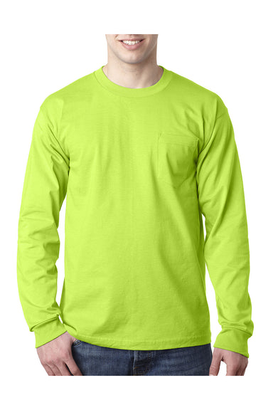 Bayside BA8100 Mens USA Made Long Sleeve Crewneck T-Shirt w/ Pocket Lime Green Model Front