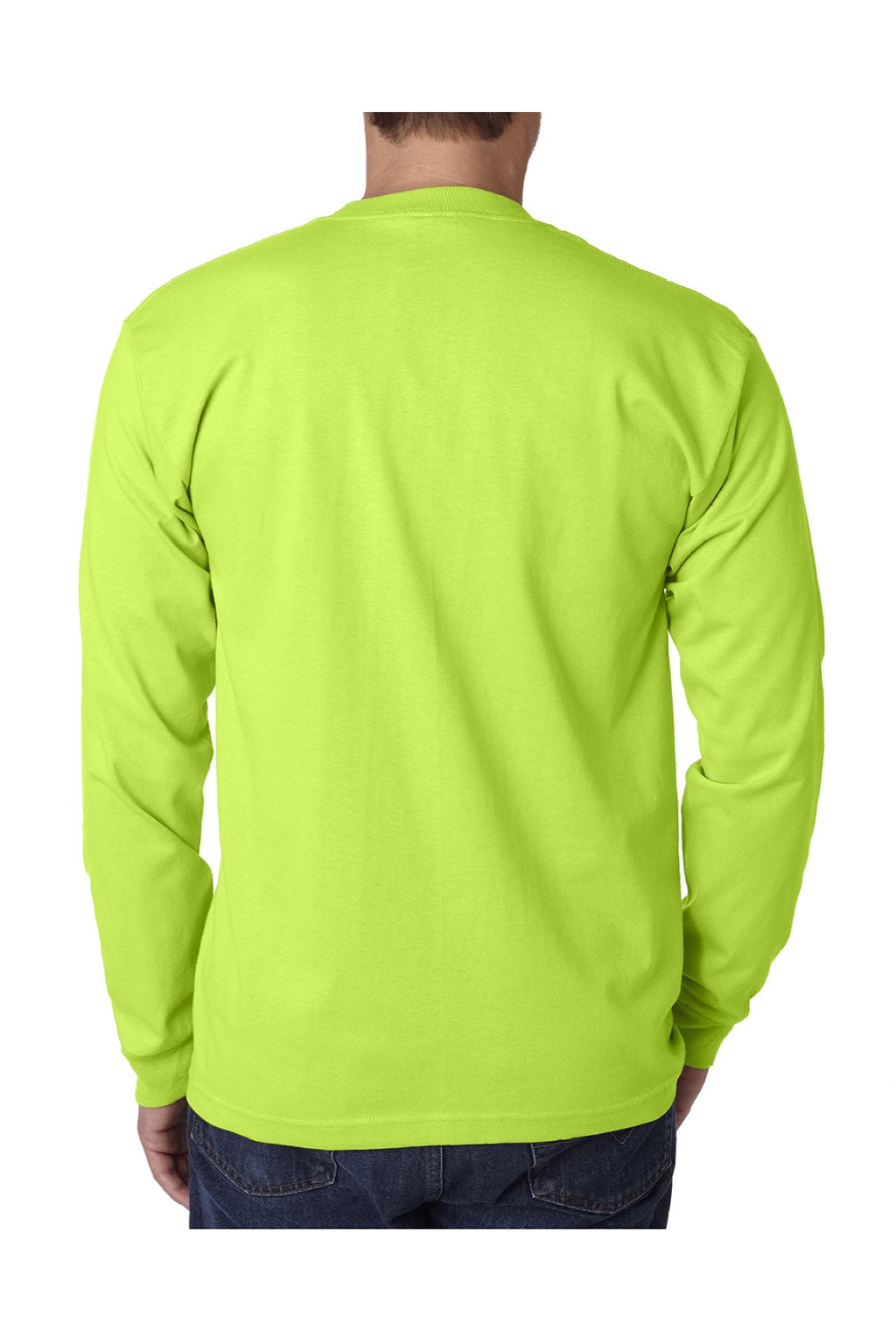 Bayside 8100 Mens USA Made Long Sleeve Crewneck T-Shirt w/ Pocket Lime Green Model Back