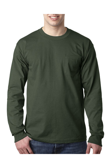 Bayside BA8100 Mens USA Made Long Sleeve Crewneck T-Shirt w/ Pocket Forest Green Model Front