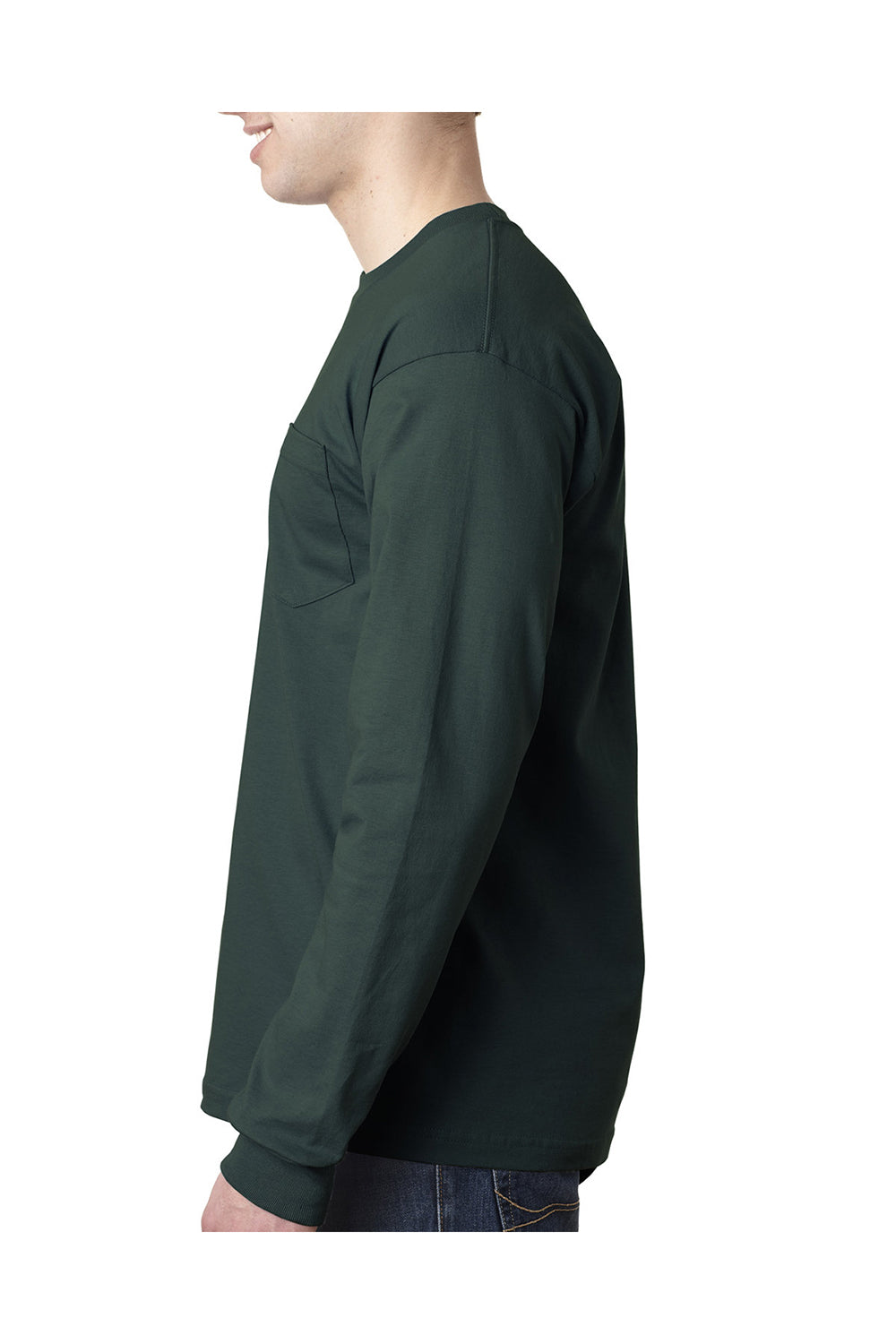 Bayside BA8100 Mens USA Made Long Sleeve Crewneck T-Shirt w/ Pocket Forest Green Model Side