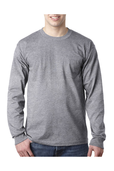 Bayside BA8100 Mens USA Made Long Sleeve Crewneck T-Shirt w/ Pocket Dark Ash Grey Model Front