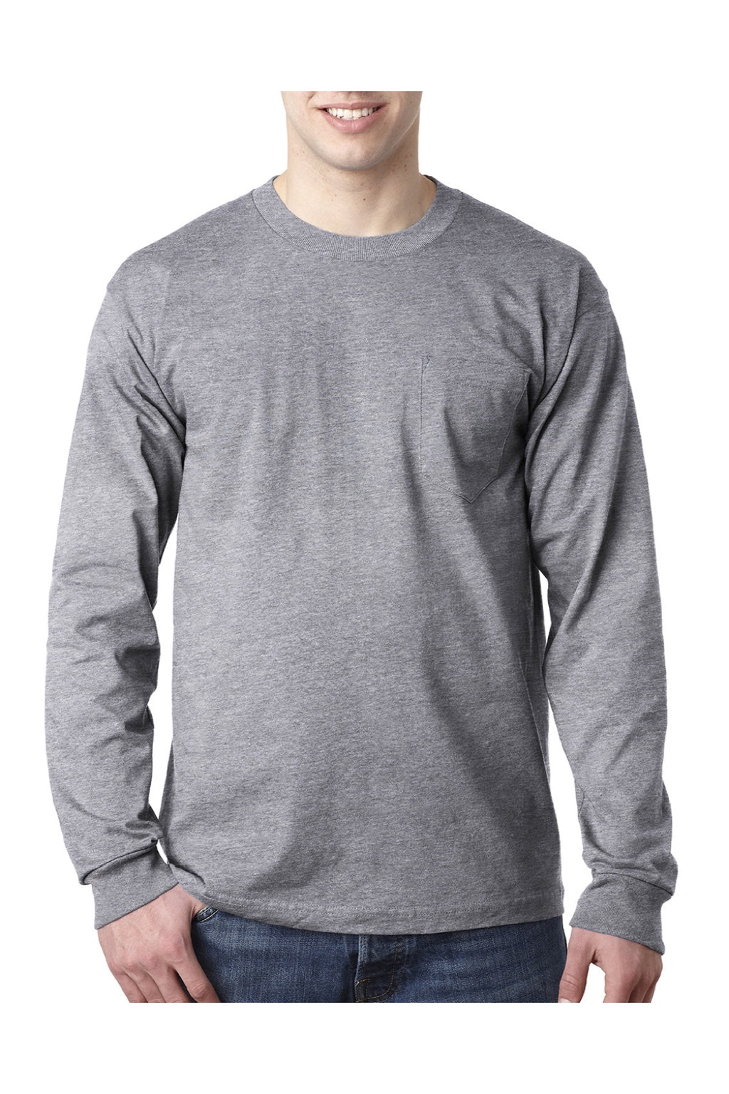 Bayside 8100 Mens USA Made Long Sleeve Crewneck T-Shirt w/ Pocket Dark Ash Grey Model Front