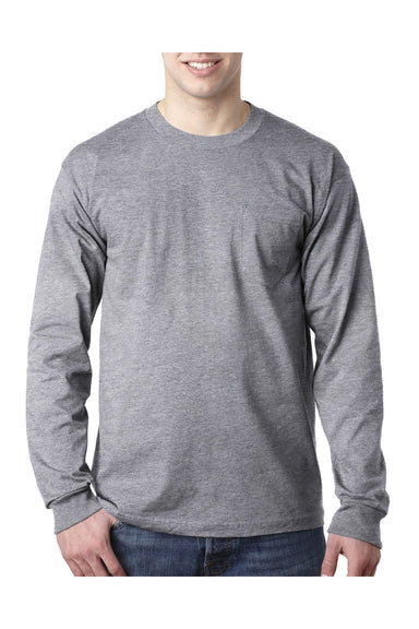 Bayside 8100 Mens USA Made Long Sleeve Crewneck T-Shirt w/ Pocket Dark Ash Grey Model Front