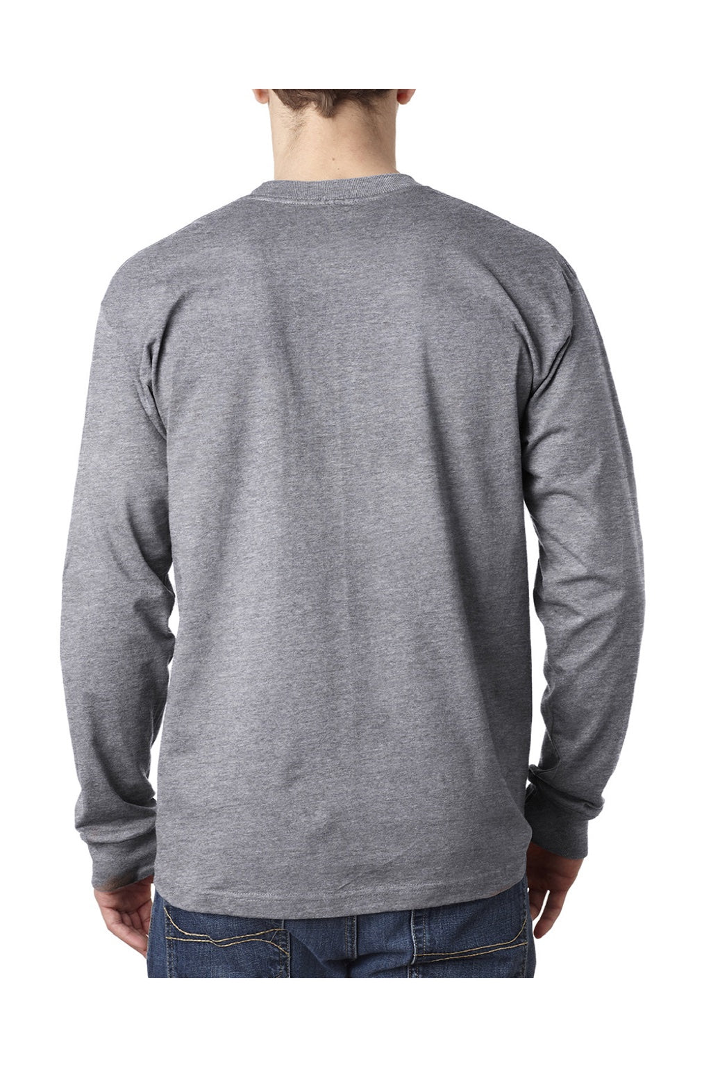 Bayside 8100 Mens USA Made Long Sleeve Crewneck T-Shirt w/ Pocket Dark Ash Grey Model Back