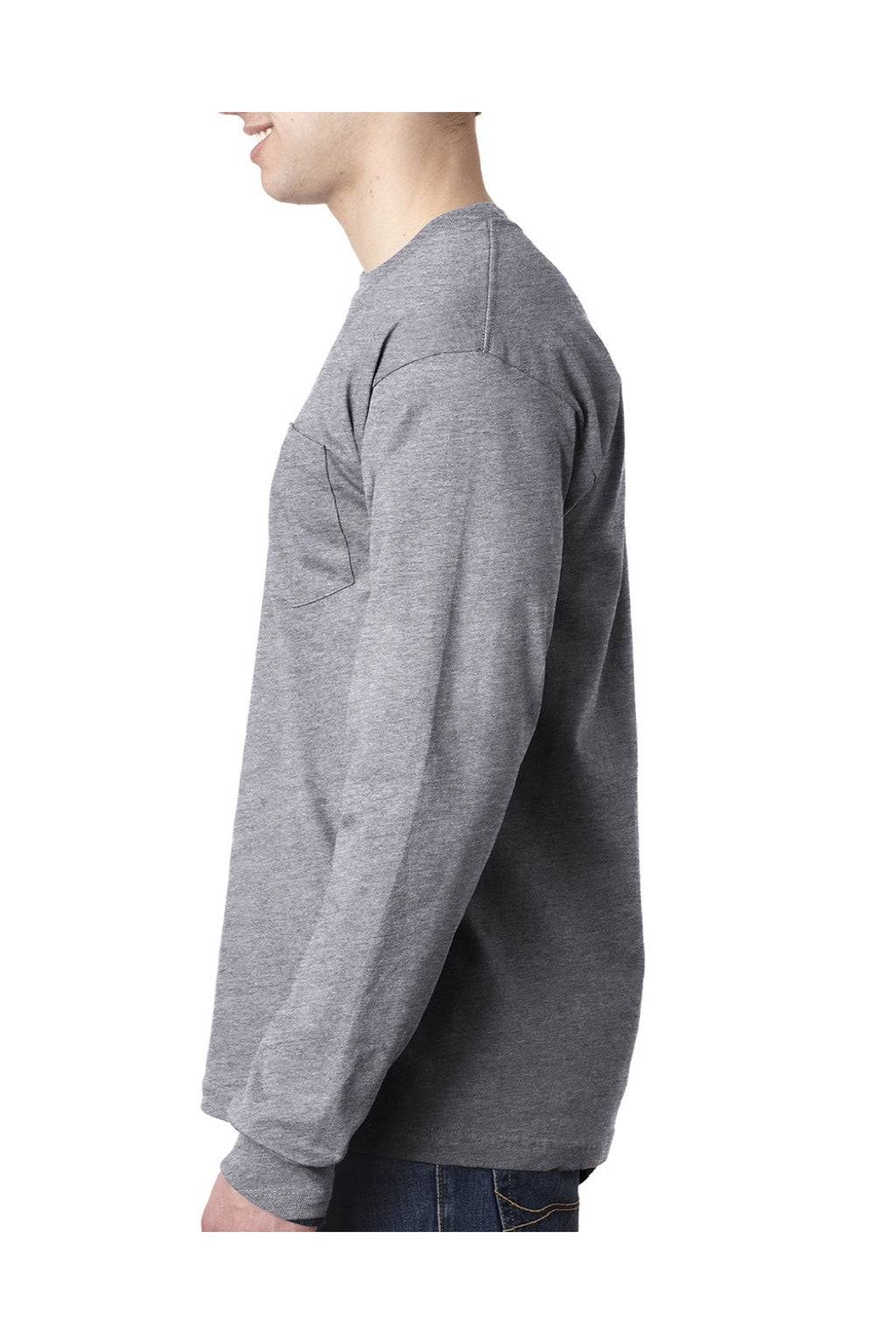 Bayside 8100 Mens USA Made Long Sleeve Crewneck T-Shirt w/ Pocket Dark Ash Grey Model Side