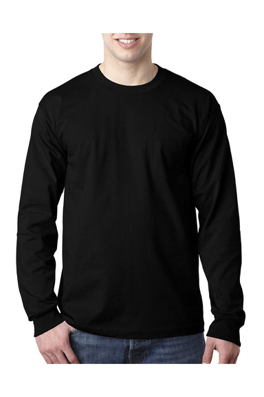 Bayside BA8100 Mens USA Made Long Sleeve Crewneck T-Shirt w/ Pocket Black Model Front