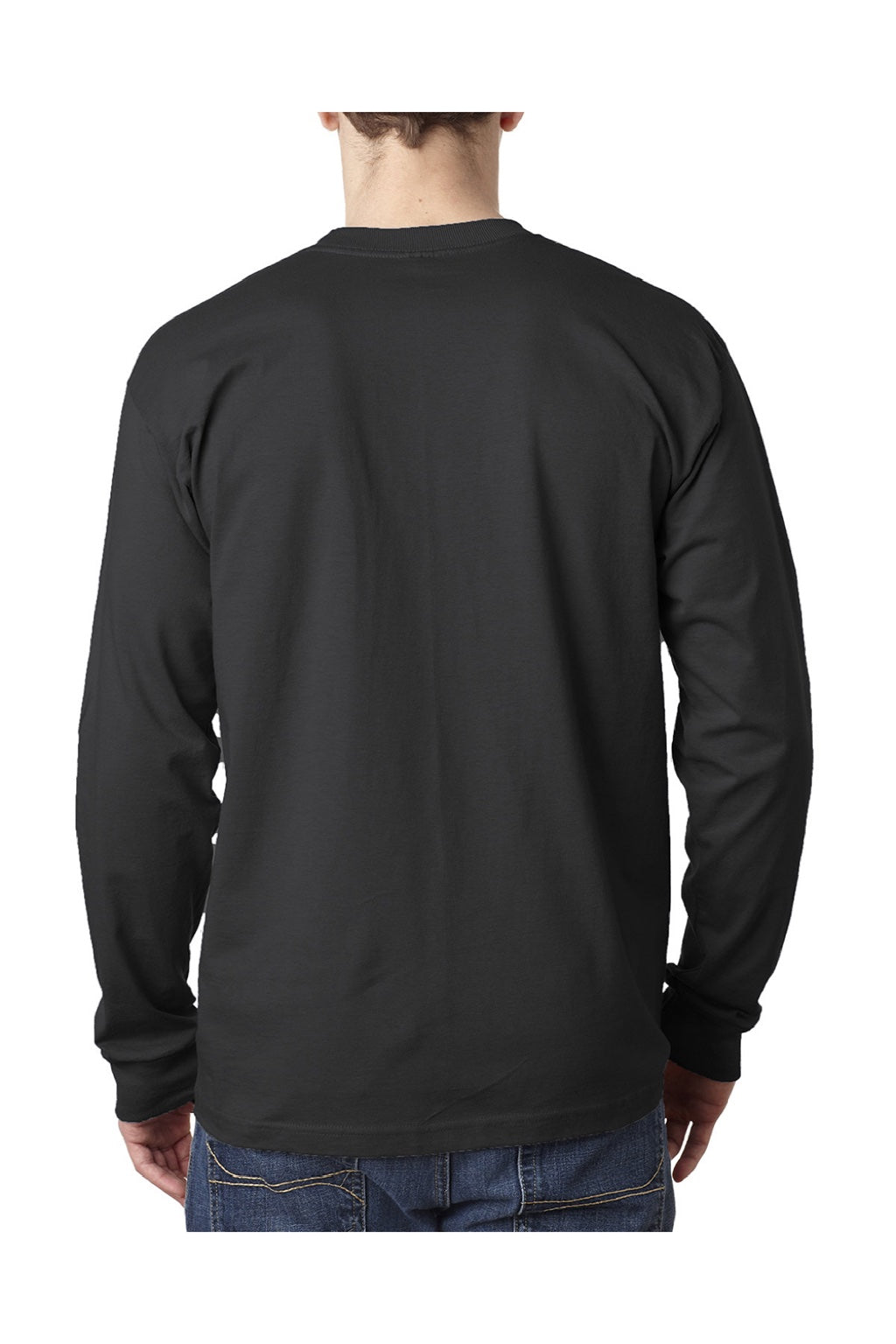 Bayside 8100 Mens USA Made Long Sleeve Crewneck T-Shirt w/ Pocket Black Model Back