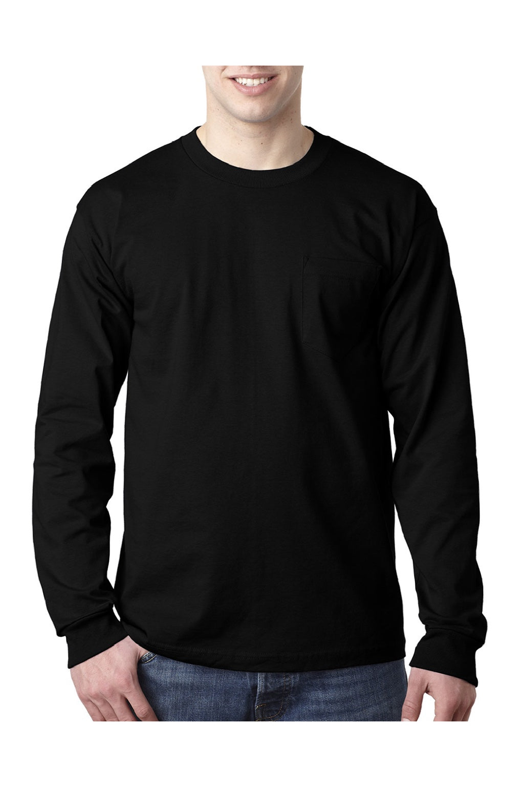 Bayside 8100 Mens USA Made Long Sleeve Crewneck T-Shirt w/ Pocket Black Model Front
