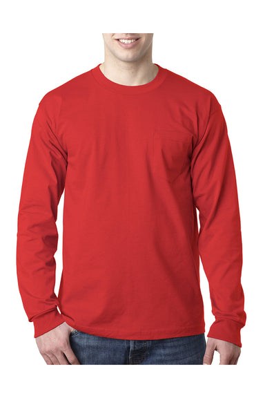 Bayside BA8100 Mens USA Made Long Sleeve Crewneck T-Shirt w/ Pocket Red Model Front
