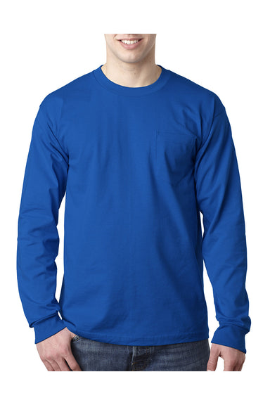Bayside BA8100 Mens USA Made Long Sleeve Crewneck T-Shirt w/ Pocket Royal Blue Model Front