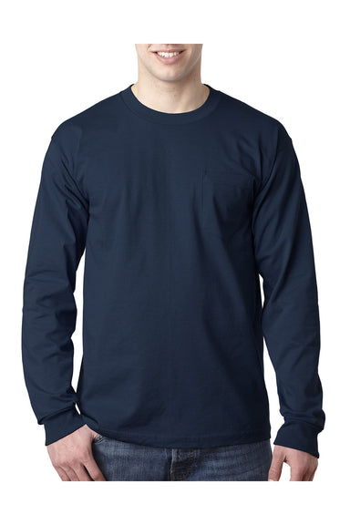Bayside BA8100 Mens USA Made Long Sleeve Crewneck T-Shirt w/ Pocket Navy Blue Model Front