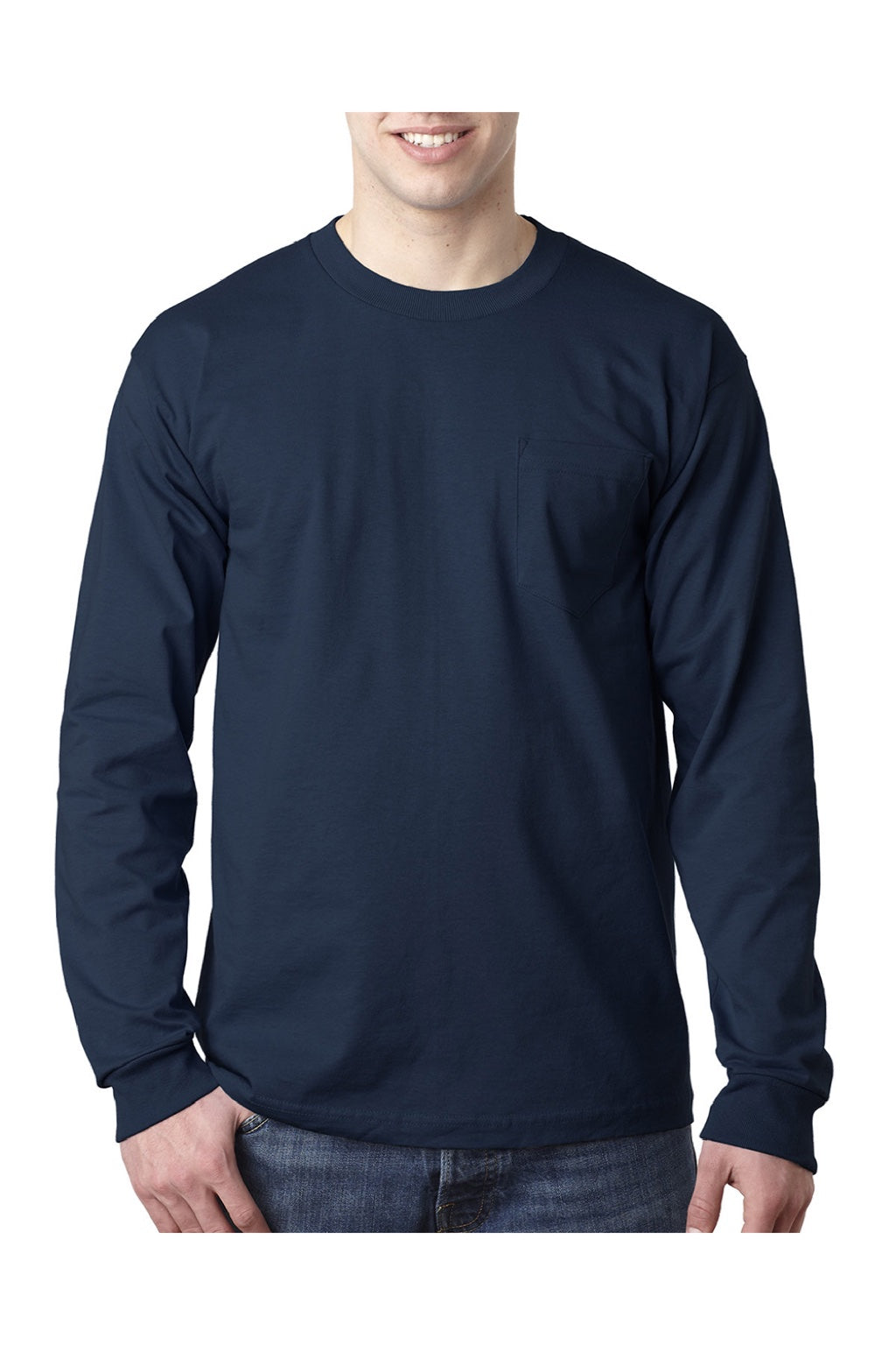 Bayside 8100 Mens USA Made Long Sleeve Crewneck T-Shirt w/ Pocket Navy Blue Model Front
