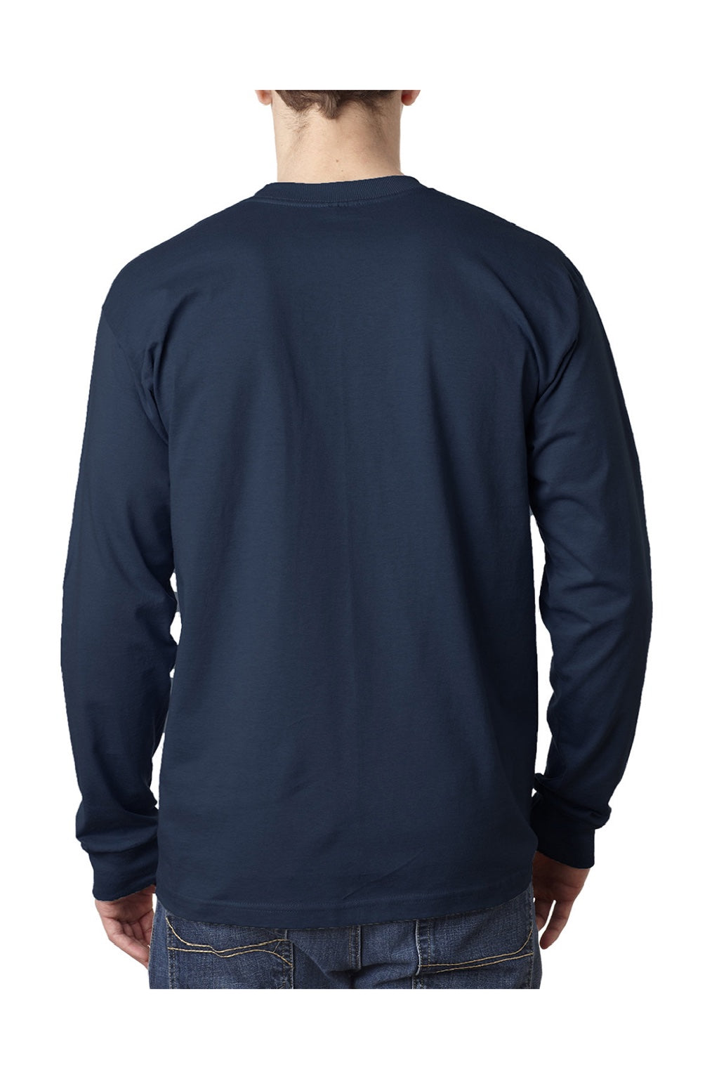 Bayside 8100 Mens USA Made Long Sleeve Crewneck T-Shirt w/ Pocket Navy Blue Model Back
