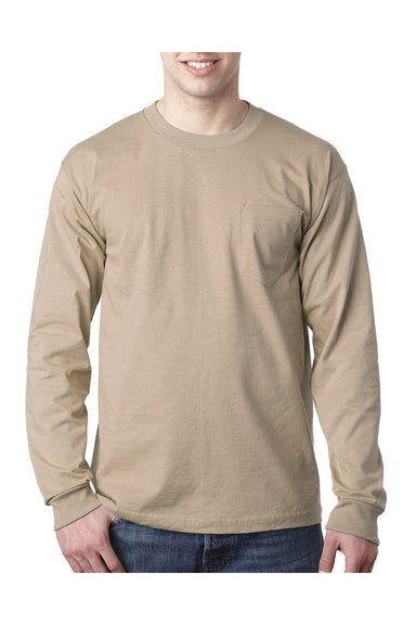 Bayside BA8100 Mens USA Made Long Sleeve Crewneck T-Shirt w/ Pocket Sand Model Front