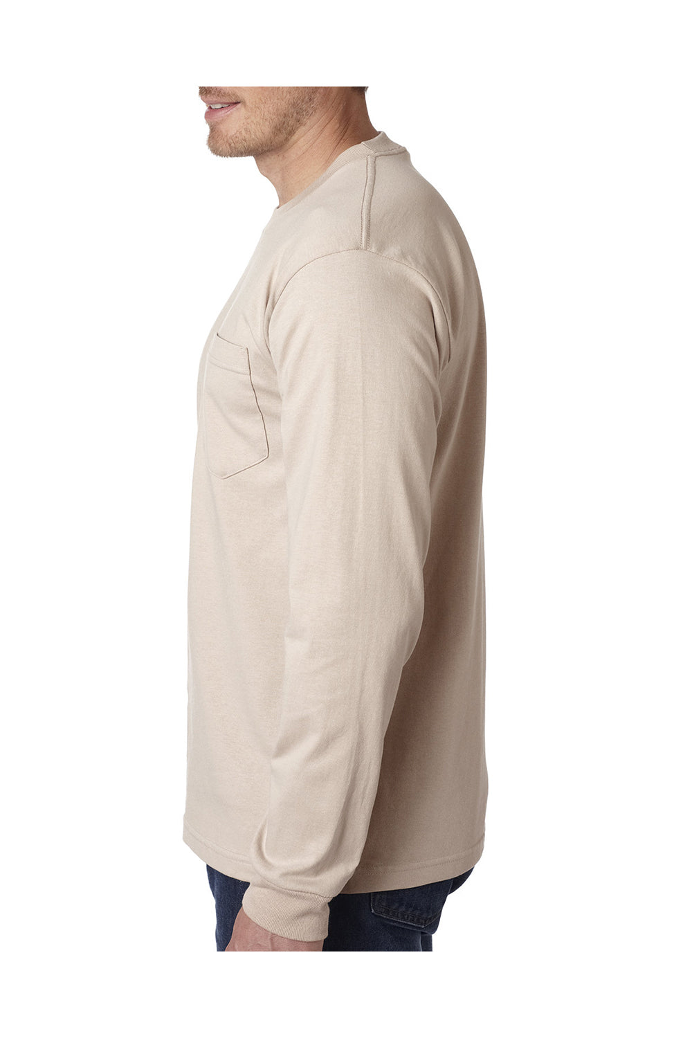 Bayside BA8100 Mens USA Made Long Sleeve Crewneck T-Shirt w/ Pocket Sand Model Side