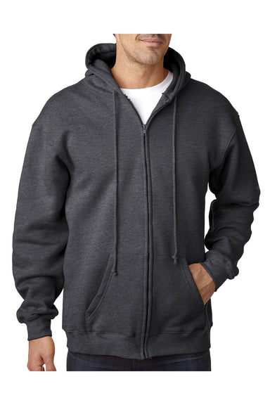 Bayside BA900 Mens USA Made Full Zip Hooded Sweatshirt Hoodie Heather Charcoal Grey Model Front
