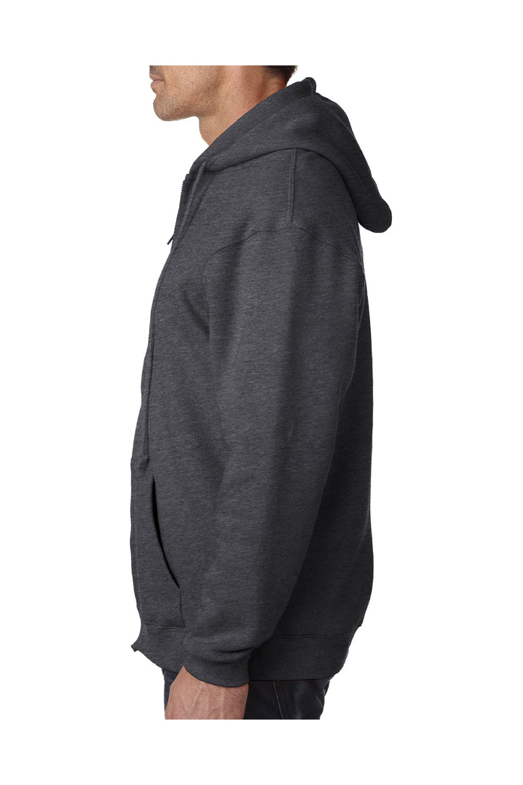 Bayside BA900 Mens USA Made Full Zip Hooded Sweatshirt Hoodie w/ Pockets Heather Charcoal Grey Model Side