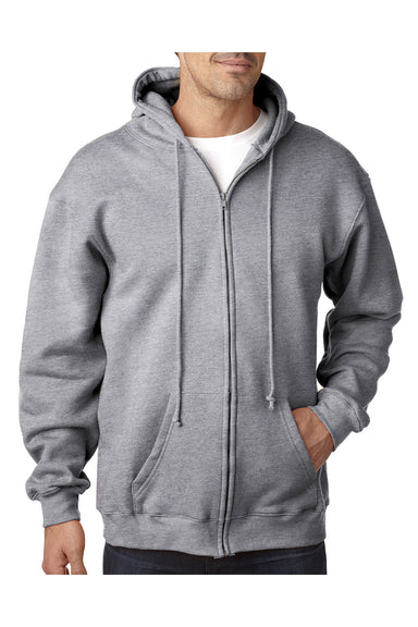 Bayside BA900 Mens USA Made Full Zip Hooded Sweatshirt Hoodie Dark Ash Grey Model Front