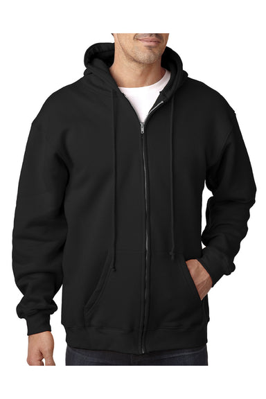 Bayside BA900 Mens USA Made Full Zip Hooded Sweatshirt Hoodie w/ Pockets Black Model Front