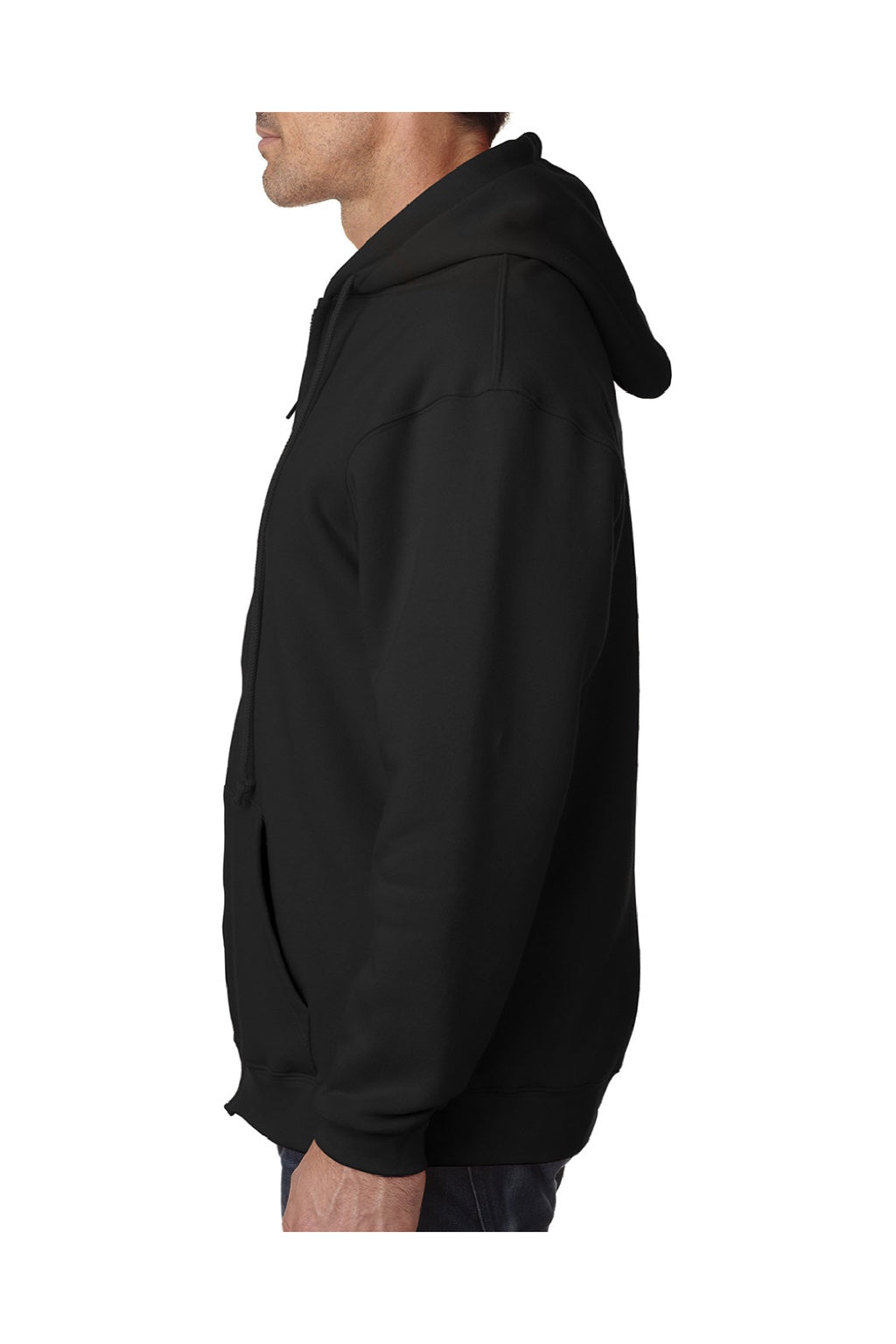 Bayside BA900 Mens USA Made Full Zip Hooded Sweatshirt Hoodie w/ Pockets Black Model Side
