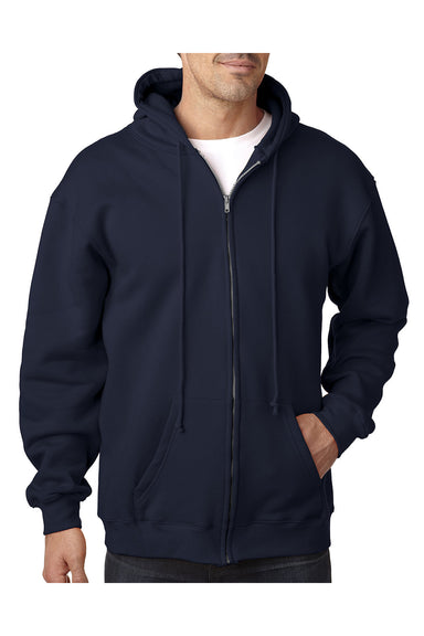 Bayside BA900 Mens USA Made Full Zip Hooded Sweatshirt Hoodie Navy Blue Model Front