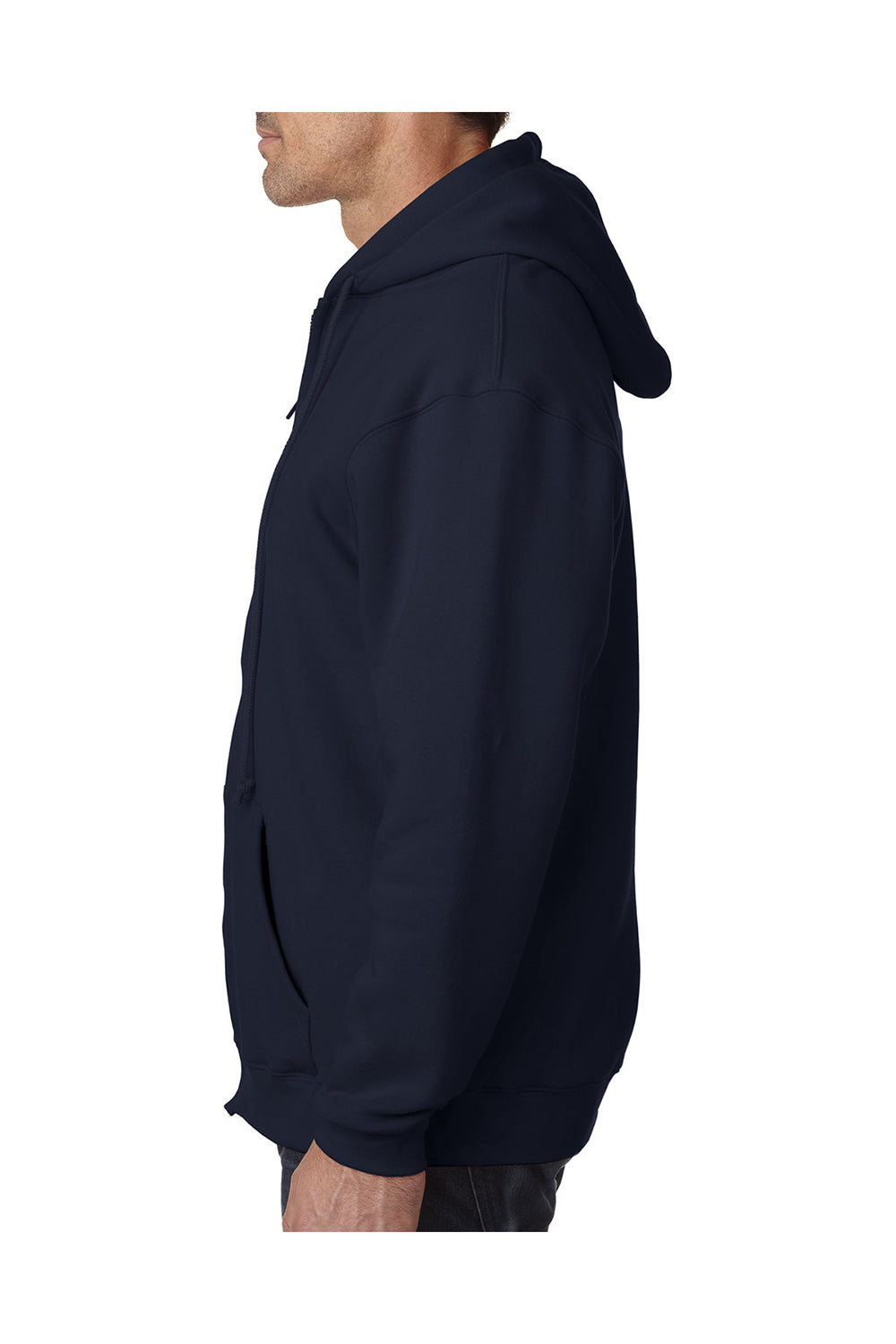 Bayside BA940 Mens Thermal Lined Full Zip Hooded Sweatshirt Hoodie Navy Blue/Cream Model Side