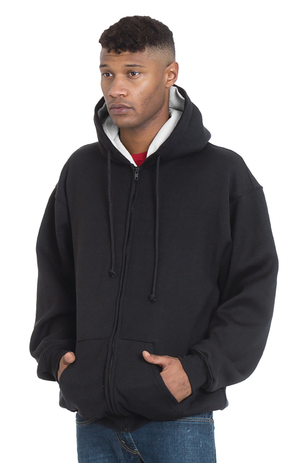 Bayside BA940 Mens Thermal Lined Full Zip Hooded Sweatshirt Hoodie w/ Pockets Black Model Front