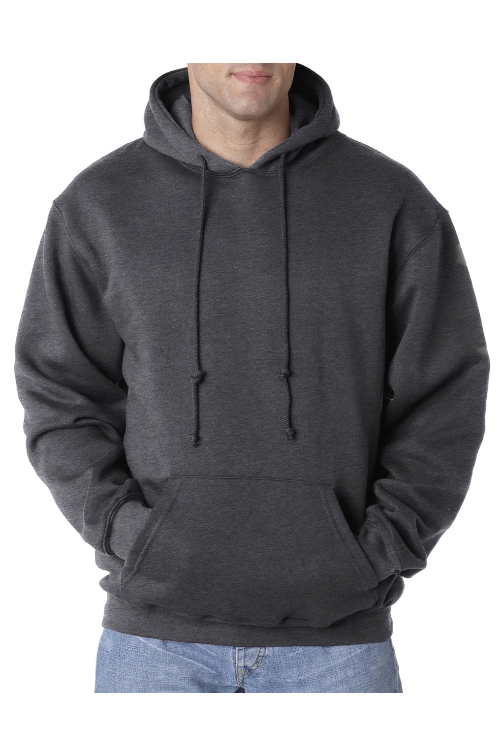 Bayside BA960 Mens USA Made Hooded Sweatshirt Hoodie w/ Pouch Pocket Heather Charcoal Grey Model Front